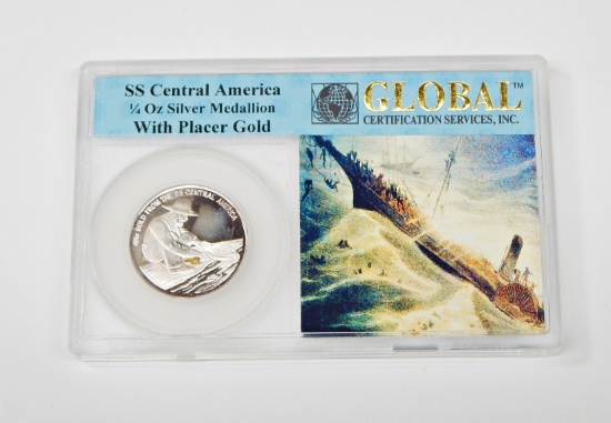 SS CENTRAL AMERICA 1/4 oz SILVER MEDALLION with PLACER GOLD NUGGET in HOLDER
