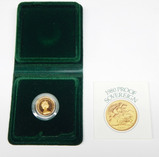 GREAT BRITAIN - 1980 PROOF GOLD SOVEREIGN in ORIGINAL CASE with COA - .2355 AGW
