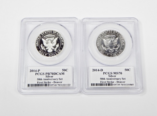 TWO (2) - 2014 SILVER KENNEDY HALVES from 50th ANNIVERSARY SET - 1ST STRIKE - DENVER - PCGS 70