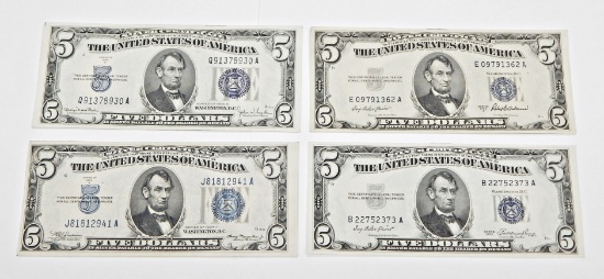FOUR (4) BLUE SEAL $5 SILVER CERTIFICATES - 1934A, 1934D, 1953, 1953A