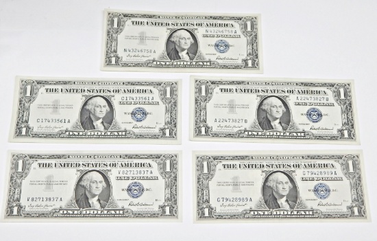 FIVE (5) AU to UNCIRCULATED 1957 $1 SILVER CERTIFICATES
