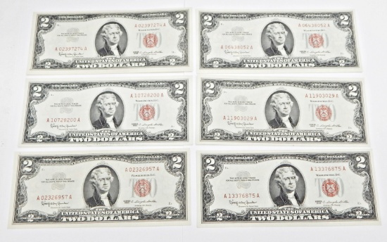 SIX (6) AU to UNCIRCULATED 1963 RED SEAL $2 UNITED STATES NOTES