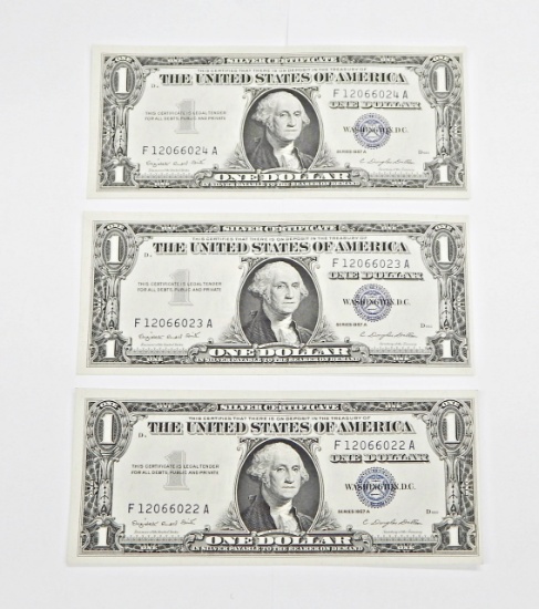 THREE (3) CONSECUTIVE UNCIRCULATED 1957A $1 SILVER CERTIFICATES