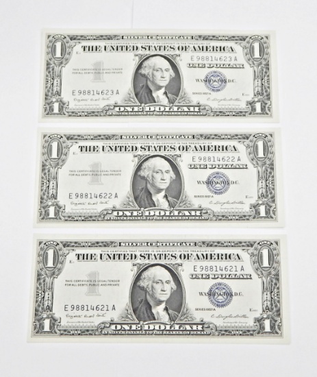 THREE (3) CONSECUTIVE UNCIRCULATED 1957A $1 SILVER CERTIFICATES