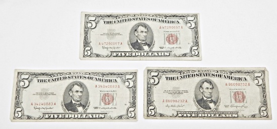 THREE (3) RED SEAL $5 UNITED STATES NOTES - (1) 1953, (2) 1963