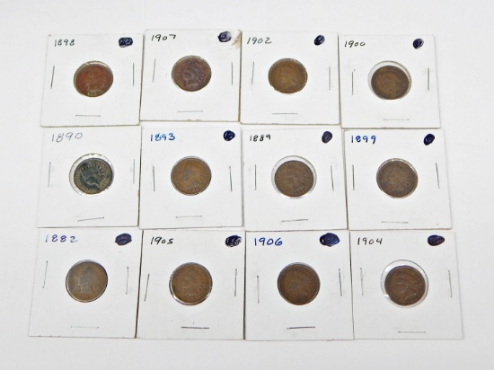12 CIRCULATED INDIAN HEAD CENTS - 1882 to 1907
