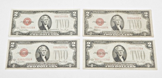 FOUR (4) 1928 RED SEAL $2 UNITED STATES NOTES