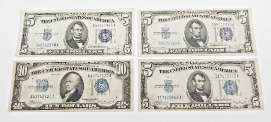 FOUR (4) 1934 SILVER CERTIFICATES - (3) $5, (1) $10