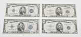 FOUR (4) BLUE SEAL $5 SILVER CERTIFICATES - 1934A, 1934D, 1953, 1953A