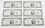 SIX (6) AU to UNCIRCULATED 1963 RED SEAL $2 UNITED STATES NOTES