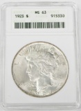 1923 PEACE DOLLAR - ANACS MS63 - OLD SMALL WHITE HOLDER