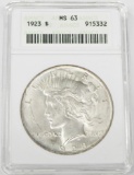 1923 PEACE DOLLAR - ANACS MS63 - OLD SMALL WHITE HOLDER