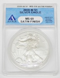 2008-W SATIN FINISH SILVER EAGLE - ANACS MS69