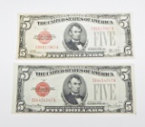 TWO (2) 1928 RED SEAL $5 UNITED STATES NOTES