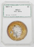 1881-S MORGAN DOLLAR - PCI MS63 95% WHITE - NEARLY 95% AMBER TONED