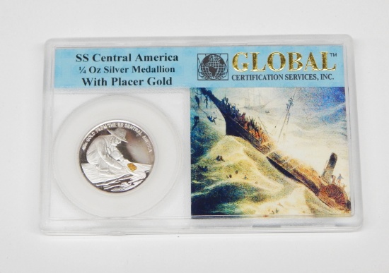 SS CENTRAL AMERICA 1/4 oz SILVER MEDALLION with PLACER GOLD NUGGET in HOLDER