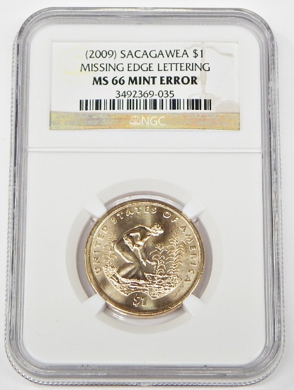 2009 SACAGAWEA DOLLAR - MISSING EDGE LETTERING - NGC MS66 MINT ERROR