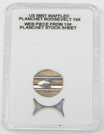 WAFFLE CANCELED ROOSEVELT DIME and PIECE of WEBBING from PLANCHET STOCK SHEET