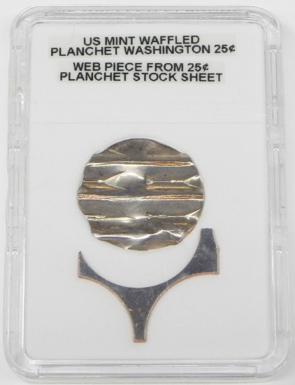 WAFFLE CANCELED WASHINGTON QUARTER and PIECE of WEBBING from PLANCHET STOCK SHEET