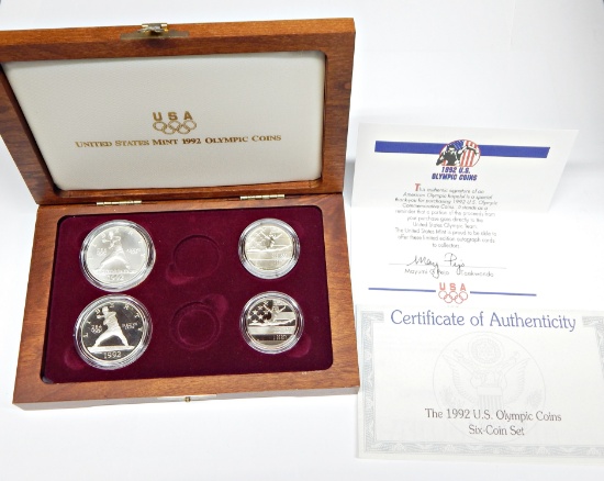 1992 OLYMPIC COIN BOXED SET - 2 SILVER DOLLARS & 2 CLAD HALVES, MISSING $5 GOLD COINS