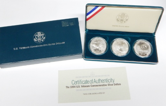 1994 3-COIN UNCIRCULATED VETERANS COMMEMORATIVE SILVER DOLLAR SET