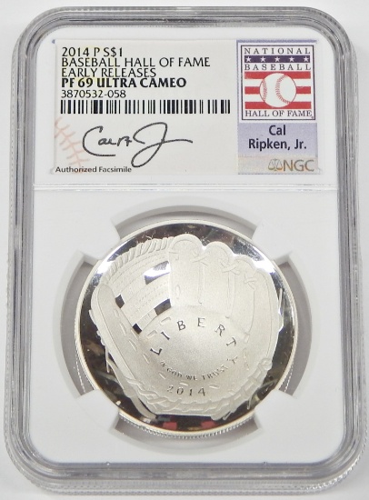 2014 BASEBALL HALL of FAME UNCIRCULATED SILVER DOLLAR - CAL RIPKEN JR. AUTO - NGC MS69