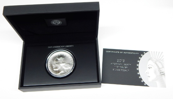 2019 AMERICAN LIBERTY HIGH RELIEF SILVER MEDAL in BOX with COA