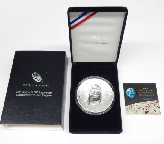 2019 APOLLO 11 50th ANNIVERSARY COMMEMORATIVE 5 OUNCE PROOF SILVER COIN in BOX with COA