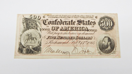 FEBRUARY 17, 1864 CONFEDERATE $500 NOTE - XF