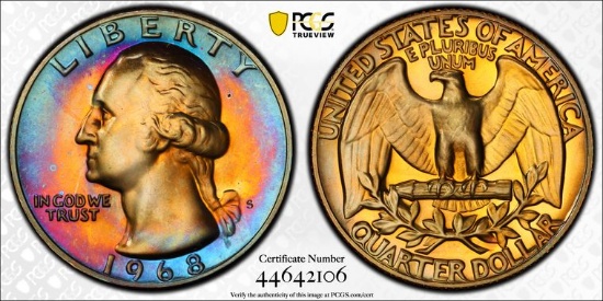 1968-S WASHINGTON QUARTER - PCGS PR67 - SPECTACULAR TONING