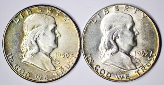 TWO (2) FRANKLIN HALVES - 1950 and 1955 (UNC, TONED)
