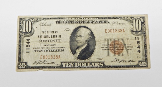 1929 $10 NATIONAL CURRENCY - CITIZENS NATIONAL BANK of SOMERSET, KENTUCKY