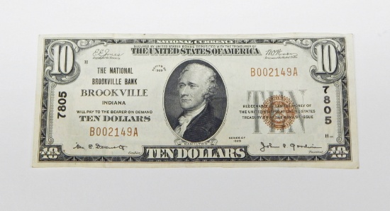 1929 $10 NATIONAL CURRENCY - NATIONAL BROOKVILLE BANK, BROOKVILLE, INDIANA