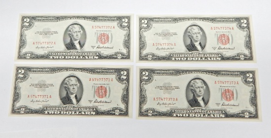 FOUR (4) CONSECUTIVE UNCIRCULATED RED SEAL 1953A $2 NOTES