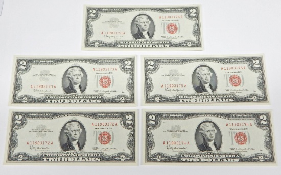 FIVE (5) CONSECUTIVE UNCIRCULATED RED SEAL 1963 $2 NOTES