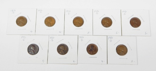NINE (9) 1931-D LINCOLN CENTS