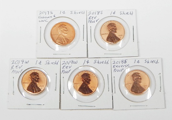 FIVE (5) ENHANCED or REVERSE PROOF LINCOLN CENTS - 2017-S, (2) 2018-S, (2) 2019-W