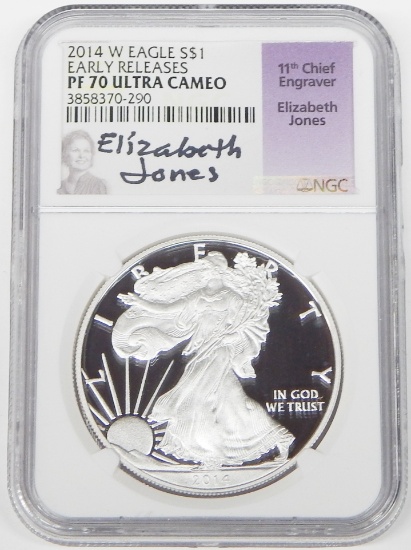 2014-W PROOF SILVER EAGLE - NGC PF70 ULTRA CAMEO - SIGNED by ELIZABETH JONES, CHIEF ENGRAVER