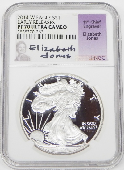 2014-W PROOF SILVER EAGLE - NGC PF70 ULTRA CAMEO - SIGNED by ELIZABETH JONES, CHIEF ENGRAVER