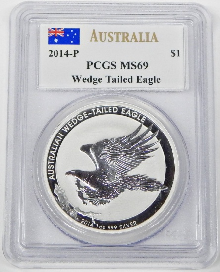 AUSTRALIA - 2014 ONE OUNCE .999 FINE WEDGE-TAILED EAGLE - PCGS MS69 - SIGNED by JOHN MERCANTI