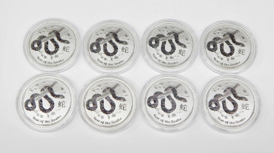 AUSTRALIA - EIGHT (8) 2013 ONE OUNCE .999 FINE SILVER YEAR of THE SNAKE COINS