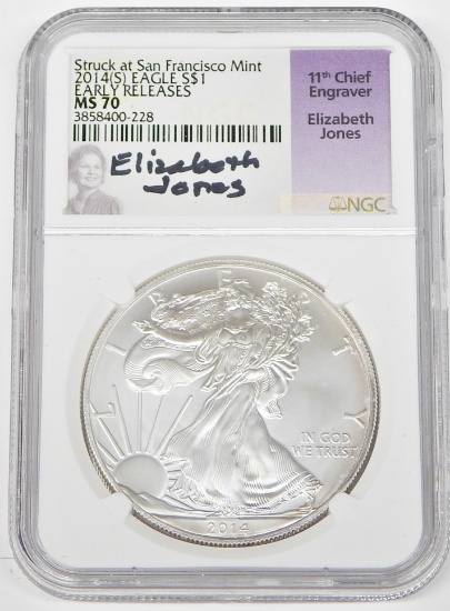 2014 (S) SILVER EAGLE - NGC MS70 - SIGNED by ELIZABETH JONES, CHIEF ENGRAVER