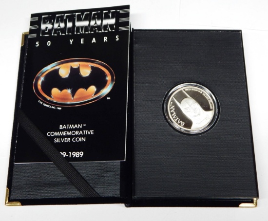 1989 BATMAN 50 YEAR ANNIVERSARY .999 FINE SILVER ONE TROY OUNCE ROUND in ORIGINAL PACKAGING