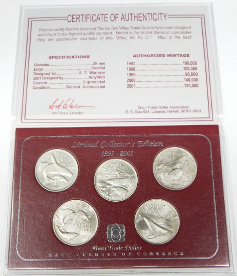 SET of FIVE (5) MAUI TRADE DOLLARS in HOLDER - 1997 to 2001