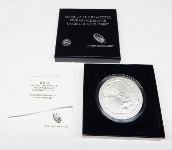 2015 BLUE RIDGE PARKWAY AMERICA the BEAUTIFUL FIVE OUNCE SILVER UNCIRCULATED COIN