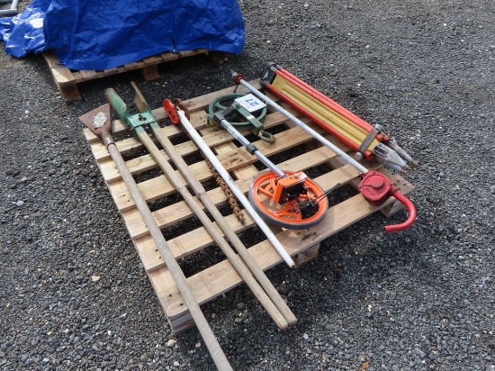 Misc. Lot of tools. Post Digger, Pipe Cutter, Tripod