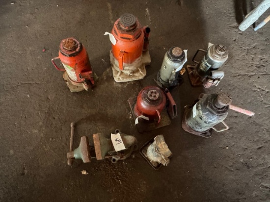 Assorted Hydraulic Bottle Jacks and Bench Vise