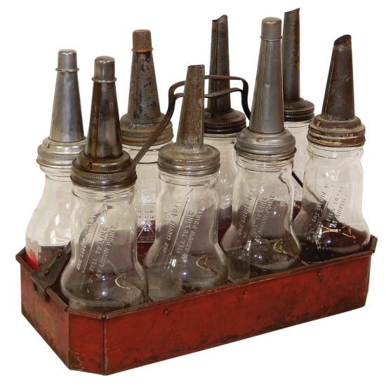 Petroliana, glass oil bottles & carrier (9), 5 embossed