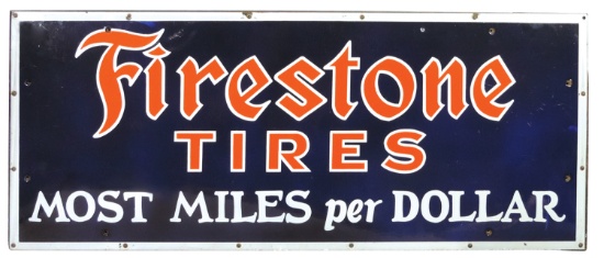 Automotive Sign, Firestone Tires-Most Miles Per Dollar, porcelain