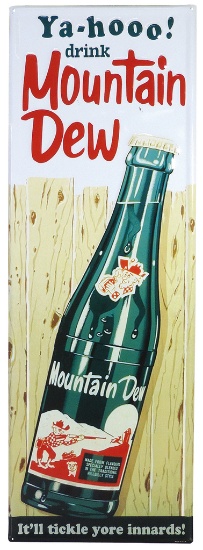 Soda Fountain sign, Mountain Dew, embossed tin w/large